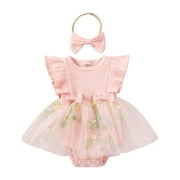 Baby Princess Dress Baby Girl Birthday Outfit Floral Lace Tulle Romper Tutu Dress Cake Smash Princess Boho Clothes 0 3 6 9 12 18 24 Months (Pink,Size 12-18 Months)